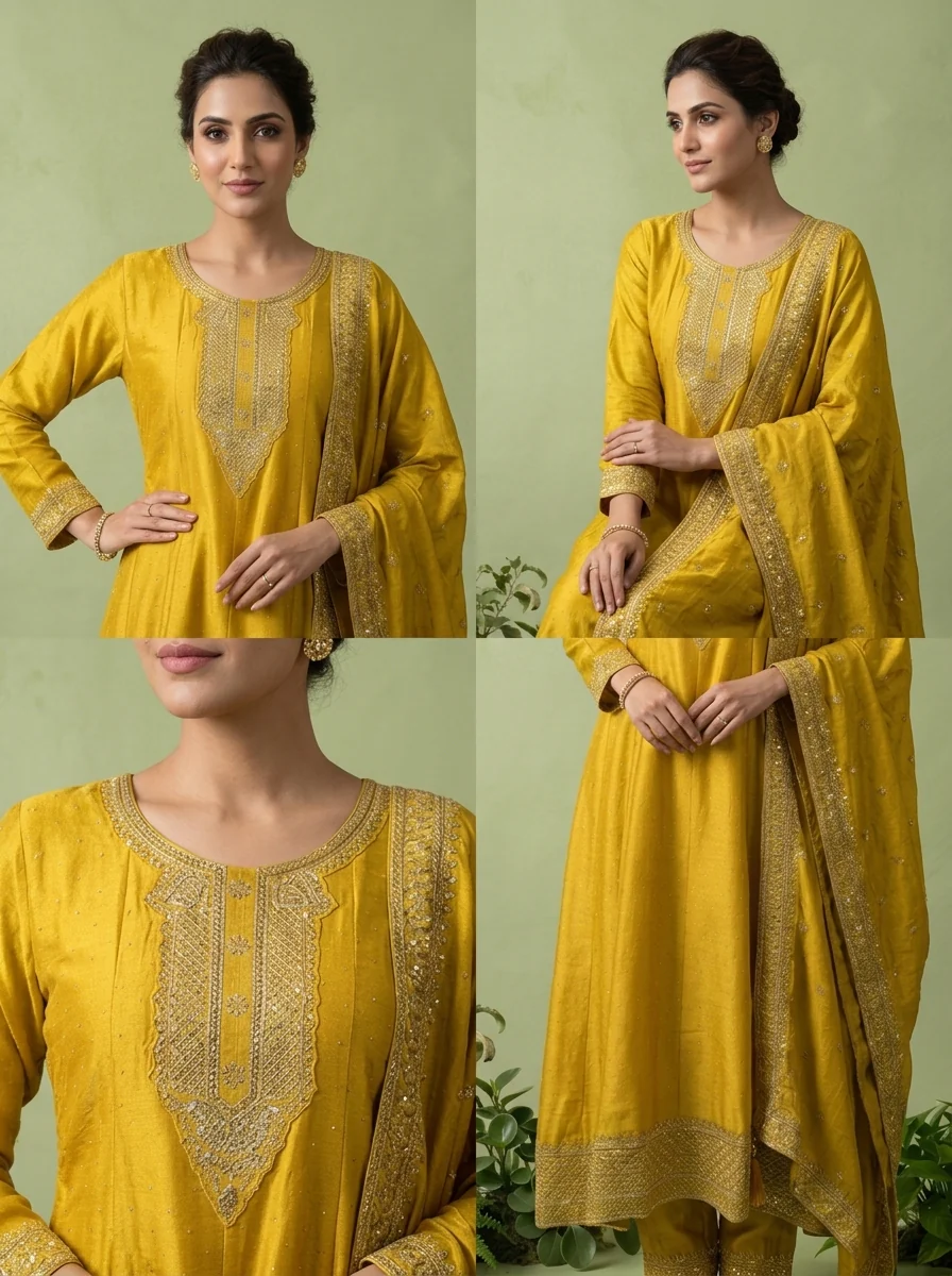 Yellow Silk Zari Embroidery Three Piece Set - Image 5
