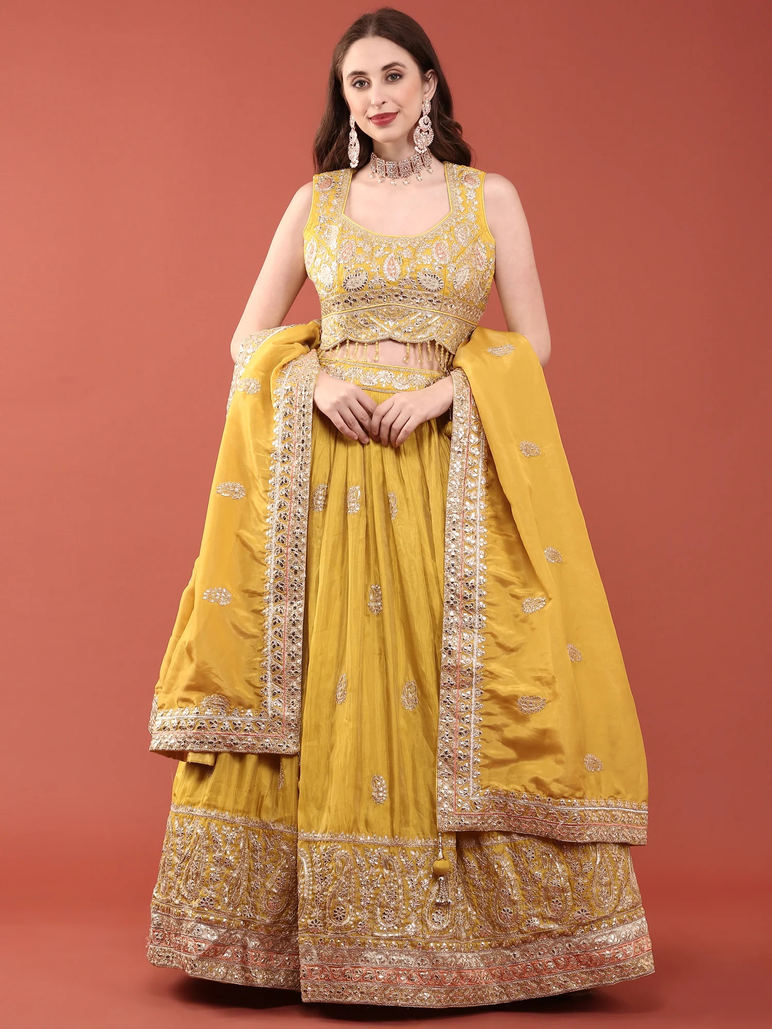 Yellow Silk Zari Heavy Embroidered Ghagra Set - Image 2