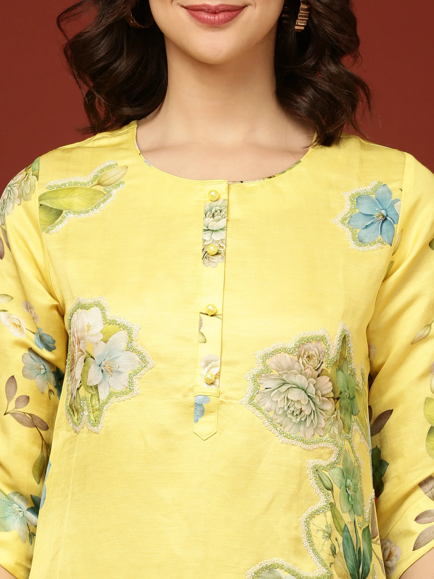 Yellow Viscose Floral Printed Three Piece Set - Image 5